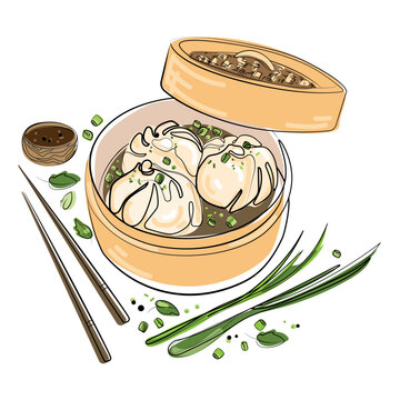 steamed dumplings in bamboo basket clip art preview