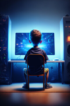 Kid playing video games in his room. Back view of a child sitting in front of a monitor. Colorful blue lights and cartoon style. Generative ai