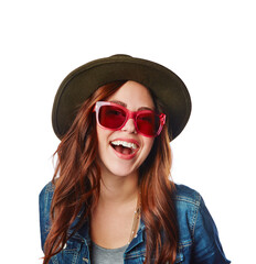 Portrait, fashion and sunglasses with a model woman in studio isolated on a white background for a clothes brand. Face, style and hat with an attractive young female posing to promote trendy clothes