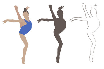 The silhouette of a gymnast, yaka kicked one leg up. Hands gracefully raised to the sides