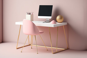 Creative desktop, female designer workspace, against blank pink wall background. Generative AI illustration.