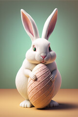 Fototapeta premium Realistic white easter rabbit holding easter egg, 3D render style. Generative AI illustration.