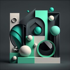 Abstract composition. Simple geometric shapes. Dark colored illustration. Technical elements. 3D rendering. Generative AI.
