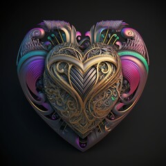 Abstract metal heart with Maori pattern. 3d rendering. Generative AI.