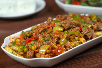 delicious asian food , meat and vegetables , selective focus