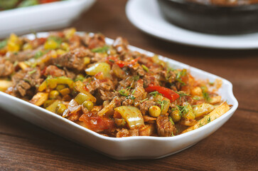 delicious asian food , meat and vegetables , selective focus