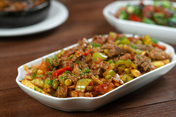 delicious asian food , meat and vegetables , selective focus