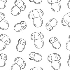 doodle pattern with mushrooms, a poster for a dining room, a restaurant, a cafe, a banner with porcini mushrooms, boletus on a white background drawn with black lines