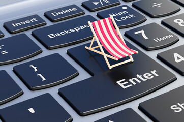 Deckchair on laptop keyboard, 3D rendering