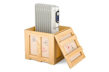 Electric oil heater inside wooden box, delivery concept. 3D rendering