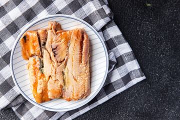 sardines canned fish spicy oil fresh meal food snack on the table copy space food background rustic top view