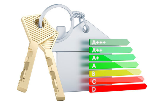 Home key with keychain with energy efficiency chart, 3D rendering