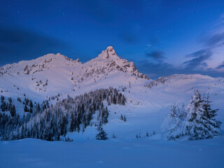 Fototapeta na wymiar Beautiful night winter landscape in the mountains. Vibrant night sky with stars and clouds.