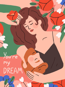 Romantic love card for Saint Valentines day. Postcard background design with lovers couple, man and woman, two enamored people and spring flowers for 14 February holiday. Flat vector illustration