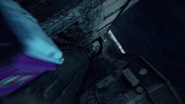 Night city. The camera spins around. Road along an abandoned street. Graffiti on the walls. 3d animation 