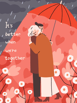 Valentine's day postcard design. Romantic card with love couple hugging under umbrella, walking together among flowers, hearts and 14 February quote, supporting phrase. Flat vector illustration