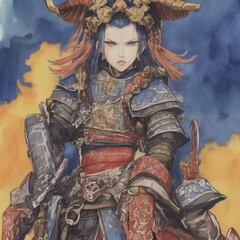 portrait of a warrior, samurai, paints, watercolor, fantasy, ai