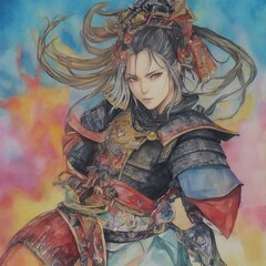 portrait of a warrior, samurai, paints, watercolor, fantasy, ai