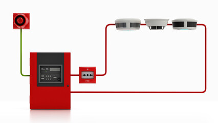 Fire detection alarm system diagram. 3D illustration - obrazy, fototapety, plakaty