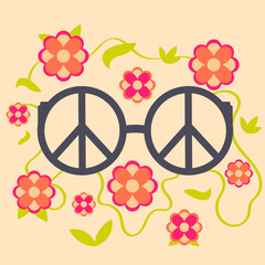 Icon, sticker in hippie style with glasses with peace sign and flowers on background