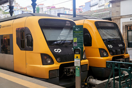 Porto, Portugal - 25.12.2022: Train at Sao Bento Railway Station in Porto city, Portugal. High quality photo