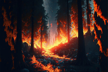 Burning trees in the forest. Forest wildfire. Generative AI