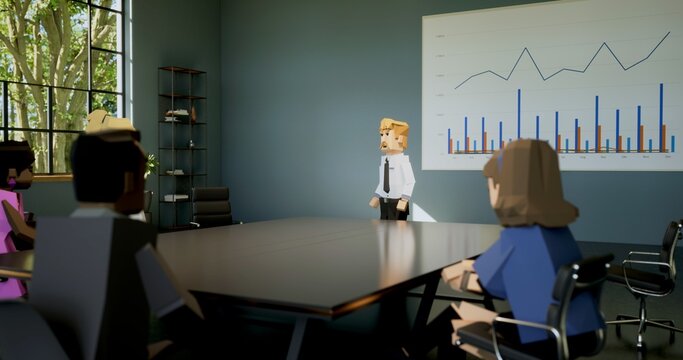 People communicate in metaverse. Employees meet and talk in a virtual office meeting room on a sunny day. VR work space with 3d furniture. Avatars having a business in 3d rendering office.