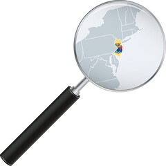 New Jersey map with flag in magnifying glass.