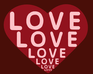 Love is handwritten repeatedly in a big red heart shape.