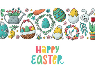 Happy Easter banner with lettering quote and horizontal border of doodles on white background. Good for cards, prints, invitations, posters, templates, etc. EPS 10