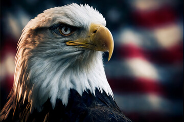 Fototapeta premium Proud american eagle on american flag background. AI generated