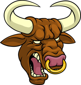 A bull or Minotaur monster longhorn cow angry mean head mascot face cartoon. With a ring through their nose.