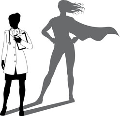 A superhero medical doctor woman health care worker revealed by her shadow silhouette as a super hero in a cape.