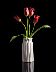 red tulips in a vase on black background