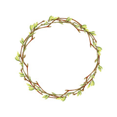 Watercolor hand drawn circle wreath with spring flowers, daffodils, crocus, snowdrops, branches Isolated on white background Design for invitations, wedding, greeting cards, wallpaper, print, textile.