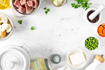 Ingredients for soup with meatballs and vegetables. Food background. Copy space.