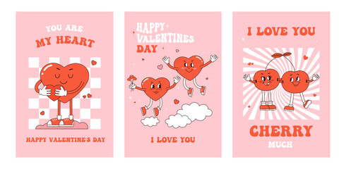 Retro groovy posters. Hippy Love concept. Happy Valentines day greeting card in trendy retro 60s 70s cartoon style. Vector illustration in pink RED colors. Card, postcard, print.