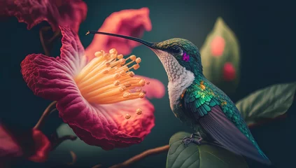 Wall murals Macro photography macro photo of a hummingbird perches on a flower with its beak open