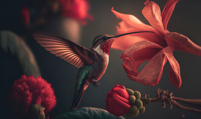 beautiful macro photography of a hummingbird feeding on an hibiscus flower, close-up