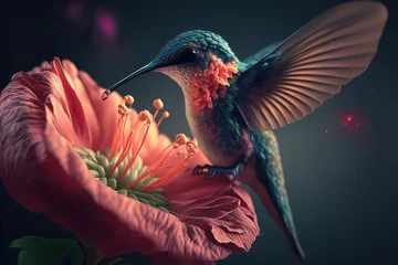 Fotobehang Macrofotografie macro photography of a hummingbird feeding on an hibiscus flower