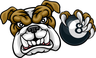 A bulldog dog angry mean pool billiards mascot cartoon character holding a black 8 ball.