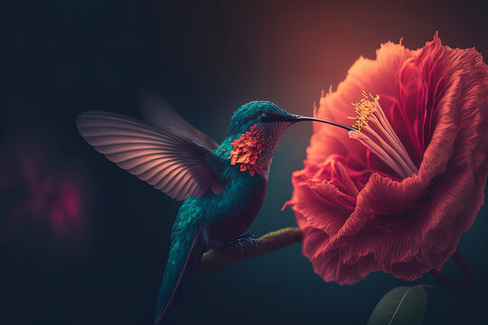 hummingbird feeding on a flower with a dark background