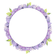 Watercolor hand drawn circle wreath with spring flowers, daffodils, crocus, snowdrops, leaves. Isolated on white background. Design for invitations, wedding, greeting cards, wallpaper, print, textile.