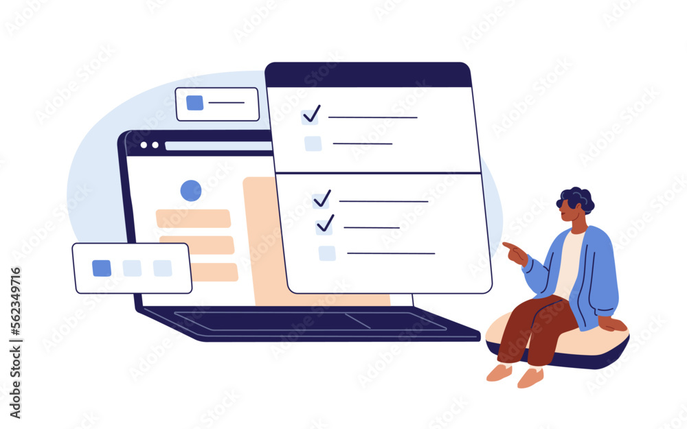 Aufkleber online survey, user feedback concept. customer answering questions in internet questionnaire, markin