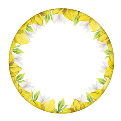 Watercolor hand drawn circle wreath with spring flowers, daffodils, crocus, snowdrops, leaves. Isolated on white background. Design for invitations, wedding, greeting cards, wallpaper, print, textile.