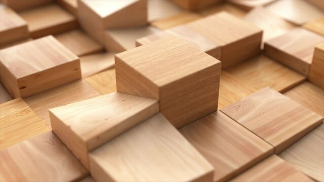 Wooden square parts of the mosaic randomly rise and fall down. Dynamic geometric objects. Moving steps
