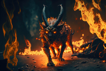 Devil lucifer hound fire flames. Generative AI - obrazy, fototapety, plakaty