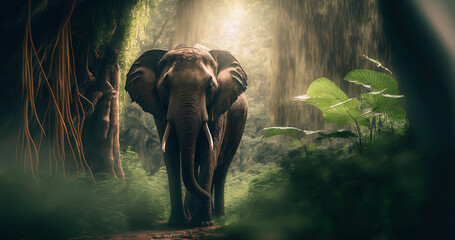 beautiful photography of a elephant in a jungle - obrazy, fototapety, plakaty