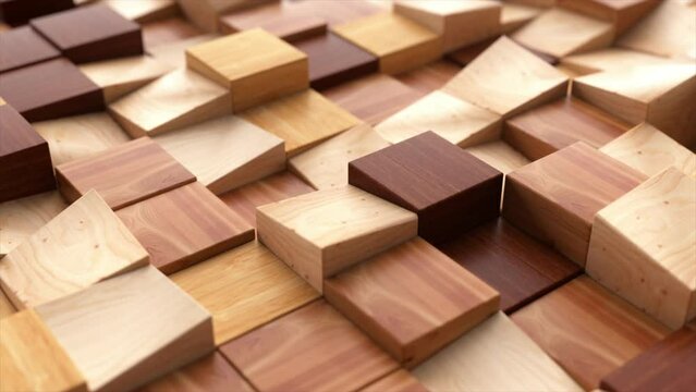 Dark and light wooden square parts of the mosaic randomly rise and fall down. Dynamic objects. Moving steps. Wave