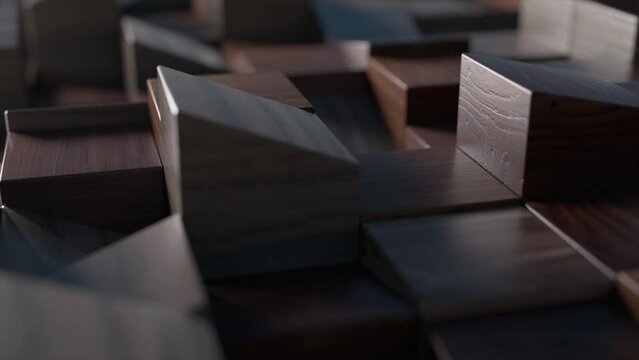 Abstract concept. Rectangular figures made of smooth dark wood move dynamically in random order. 3d animation 